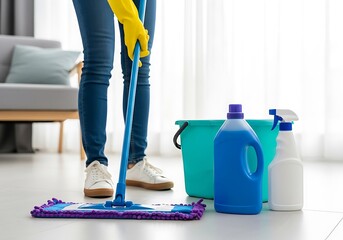 Domestic cleaning concept image featuring vibrant mop, gloves, bucket, and detergent bottles on a sparkling tiled floor, great for hygiene product advertising and professional janitorial promotion