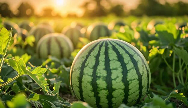 Ripe watermelon in agricultural field at sunset, green striped watermelon