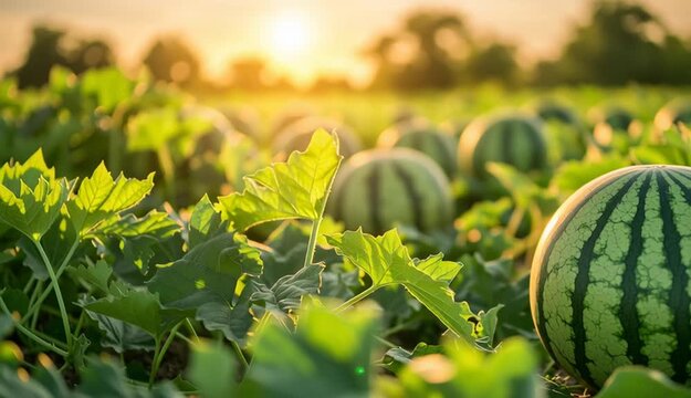 Ripe watermelon in agricultural field at sunset, green striped watermelon
