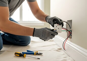 Professional electrician wearing work gloves carefully wiring a new duplex electrical outlet during residential construction, ideal for home repair, service, and safety advertising