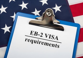 Professional overhead shot of EB-2 Visa requirements document, representing US employment-based immigration, green card applications, skilled workers, and legal counsel advertising