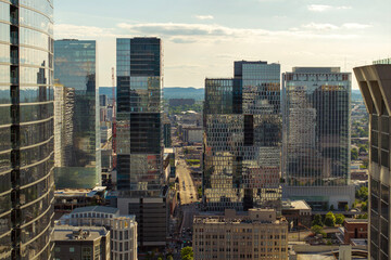 Urban cityscape of Nashville downtown district in Tennessee, USA. Skyline with skyscraper buildings in modern American city.