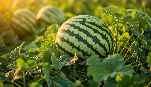 Ripe watermelon in agricultural field at sunset, green striped watermelon