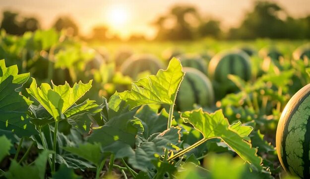 Ripe watermelon in agricultural field at sunset, green striped watermelon