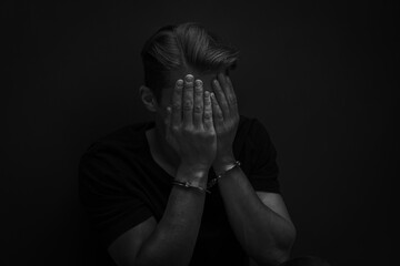 Handcuffed man hiding his face. Captured criminal. Black and white toning