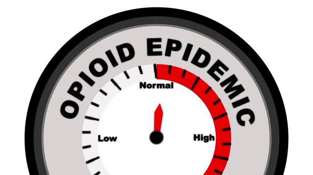 Opioid Epidemic text or word shown with a barometer or tachometer-style gauge, representing varying levels of opioid abuse, overdose risk, and public health impact