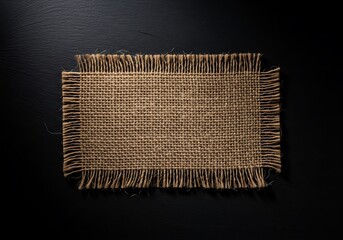 Dramatic flat lay of rustic burlap fabric swatch with frayed edges, dark moody background for product mockups, organic texture branding, luxury packaging design, high contrast textile material