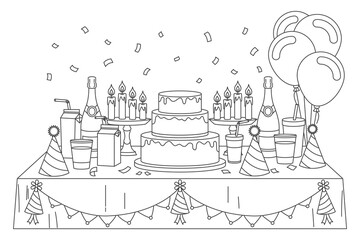 Celebration Cake and Party Decorations Outline