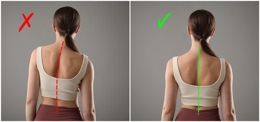 Woman with poor and good posture on grey background, collage of photos