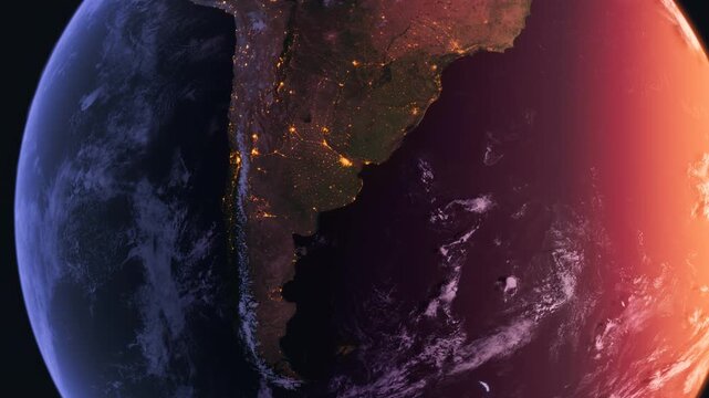 Argentina and Chile from Space at Sunrise. South America from Space Orbit. Planet Earth. Globe