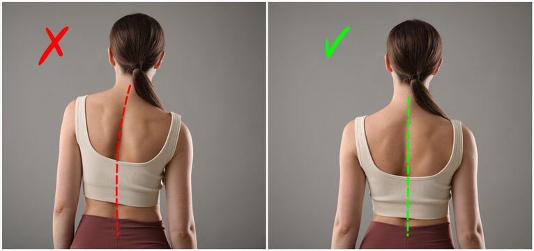 Woman with poor and good posture on grey background, collage of photos