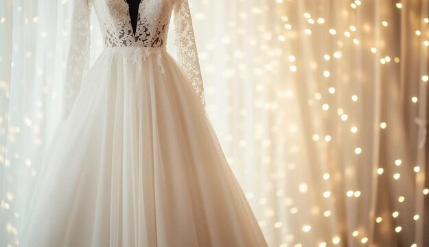 Elegant white wedding dress on black mannequin stand, intricate white lace bodice with V-neckline