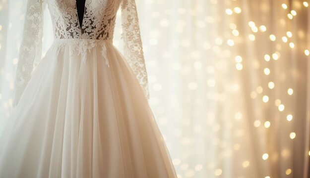 Elegant white wedding dress on black mannequin stand, intricate white lace bodice with V-neckline