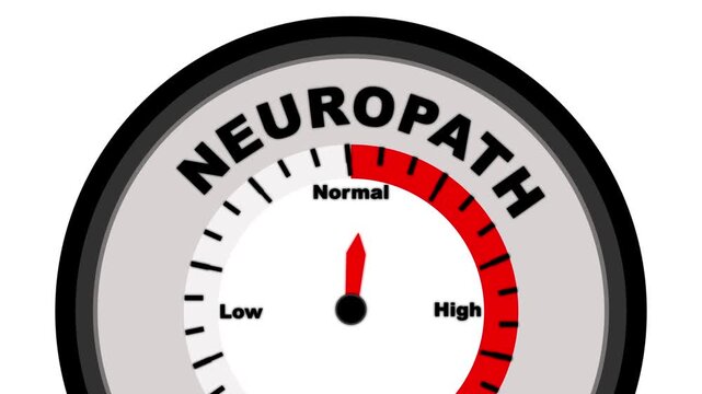 Neuropath text or word shown with a barometer or tachometer-style gauge, representing varying levels of nerve damage and related symptoms such as pain, tingling, and weakness
