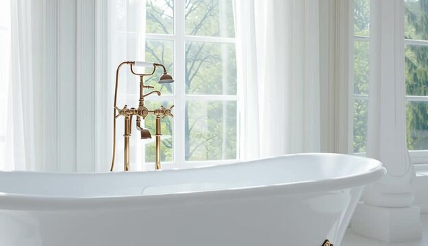 White freestanding bathtub with decorative gold claw feet, centered in a bright white room