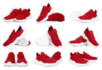 Fototapeta premium New sneakers isolated on white, set. Sports shoes