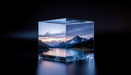 A Majestic Mountain and Lake Landscape Encapsulated Within a Crystal-Clear Glass Cube on a Dark Background