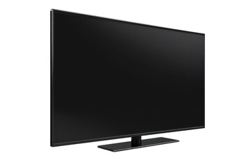side view of a black modern tv or computer monitor display on stand isolated on white or transparent png