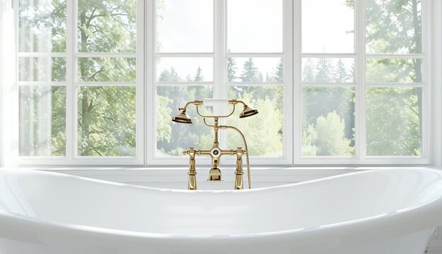 White freestanding bathtub with decorative gold claw feet, centered in a bright white room