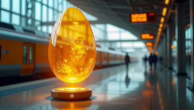 Glowing golden egg hologram floating above a digital projector at a bright modern train station for Easter holiday celebrations, futuristic food technology or travel industry marketing concepts.  - Powered by Adobe