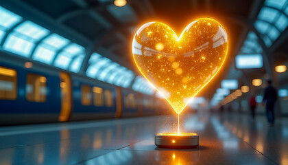 Sparkling golden heart hologram floating over a compact projector in a modern metro station with warm bokeh lights for luxury jewelry advertising, wedding agencies or premium gift concepts