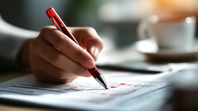 Close up of hand circling cells on a printed spreadsheet with a red marker coffee ring on paper soft daylight faceless no readable text data work manual audit spreadsheet