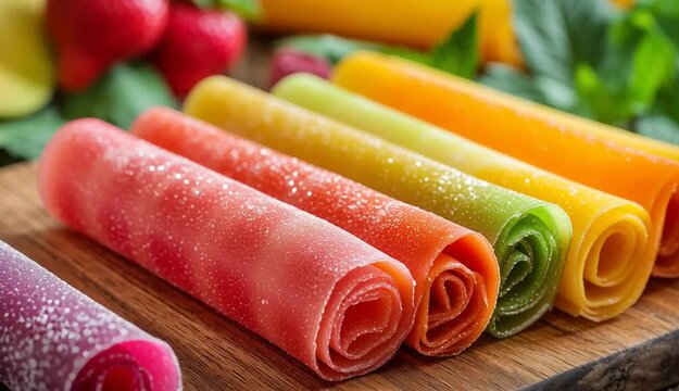 Colorful fruit leather rolls on wooden cutting board, homemade fruit roll-ups in rainbow colors