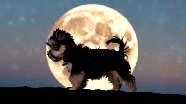 Cute morkie under full moon with starry night sky background