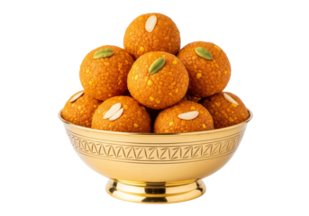 golden brass bowl of orange ladoos - festive indian sweets