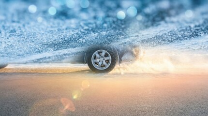 A car tire skids on a wet road, creating splashes of water. The scene captures the dynamics of driving in rainy conditions.