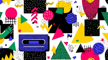 Bold, colorful abstract design featuring geometric shapes and patterns on a white background