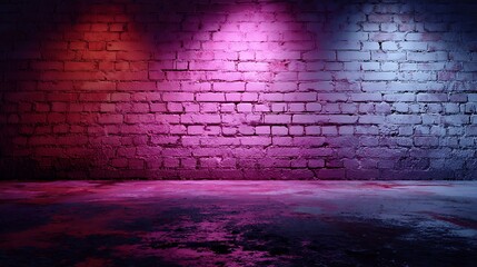 Brick wall illuminated by colorful spotlights, casting shadows on the textured concrete floor