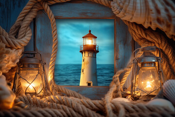 Vintage Lighthouse with Nautical Decor and Warm Beacon Glow