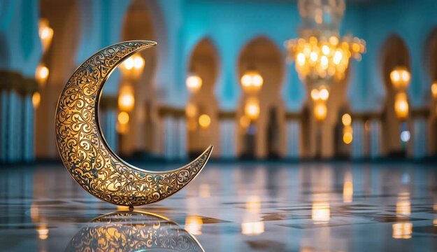 Ornate golden crescent moon decoration with intricate Islamic patterns and arabesque designs, standing on polished marble floor inside mosque interior