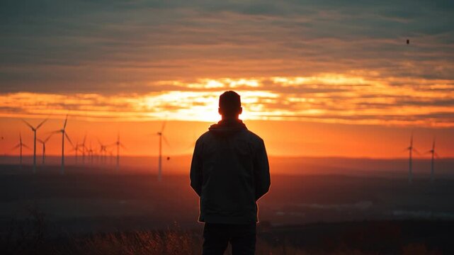 Silhouetted Young Black Man Standing Proudly at Sunset with Wind Farm