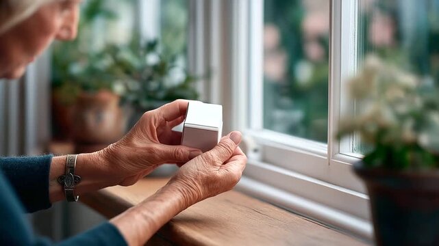Close up of smart sensor on window blinking person tapes a small note &ldquo;check later&rdquo; but unreadable faceless calm troubleshooting smart sensor blinking light maintenance