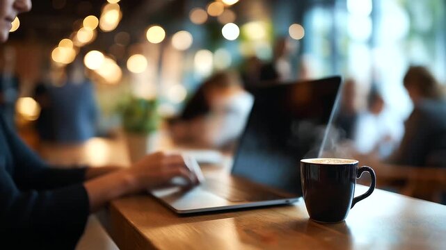 Coffee shop table laptop with privacy screen filter background people defocused faceless user public Wi Fi caution privacy screen cybersecurity remote work defocused crowd