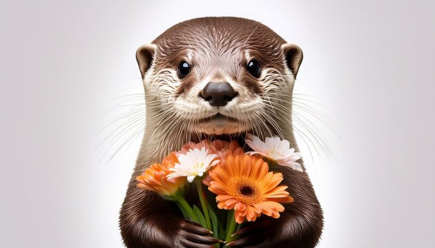 A Happy Otter Holding A Bouquet Of Flowers Looking Like Itrs Gifting Them Against A White Background
