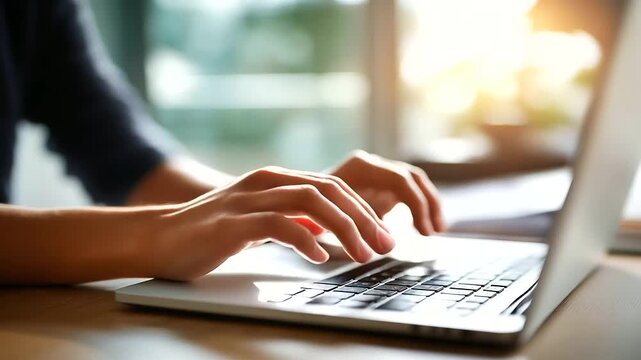 Close up of hands placing laptop webcam cover sticker over the camera soft window light shallow depth of field faceless no logos no readable text cybersecurity habit webcam