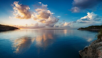 Obraz premium Calm Blue Water Reflecting The Golden Hour Sky With Fluffy Clouds