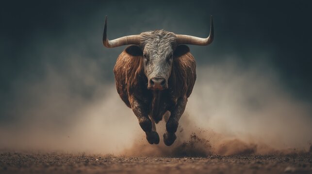 Powerful longhorn bull charges forward kicking up dirt, dust. Beast runs with strong energy on dry ground, showing raw force, power. Animal big, curved horns. Fierce creature looks directly at viewer