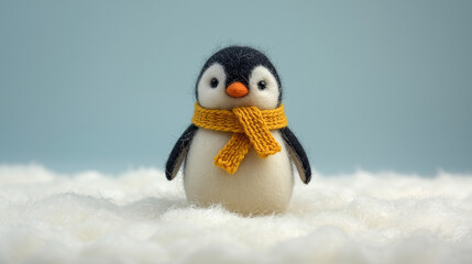 A fluffy penguin made of felted wool who stands in the snow and wears a yellow scarf.