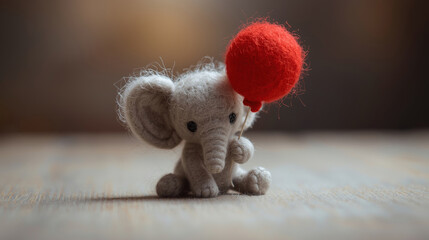 A cute baby elephant made of felted wool is holding a small balloon.