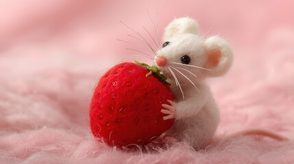 A white mouse made of felted wool is holding a red half in its paws