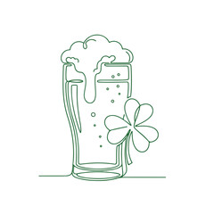 St. Patrick's Day celebration depicted with green beer glass and frothy head, accompanied by lucky shamrock leaf outline. This festive St. Patrick's Day artwork captures Irish spirit and tradition.