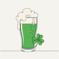 Single line drawing of green beer in pilsner glass with foam. Modern illustration depicts refreshing green beer with lucky shamrock for St Patricks Day celebration.