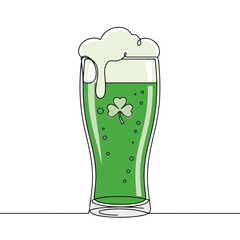 Green beer pint glass illustration with frothy foam and shamrock detail, symbolizing Irish celebrations. Festive green beer perfect for St. Patrick's Day parties and cultural events.