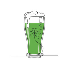 Continuous line drawing of a refreshing green beer pint glass with foamy head, adorned with a festive shamrock, celebrating St Patricks Day. This illustration captures spirit of St Patricks Day,