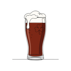 St Patricks Day beer illustration with dark beverage and frothy head in a clear glass. Festive St Patricks Day beer showcases a traditional shamrock detail, symbolizing good luck for celebration.