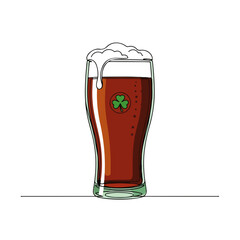 Traditional St Patricks Day stout beer glass with frothy head and Irish shamrock symbol on clean white background. Full glass dark ale highlights festive celebration,